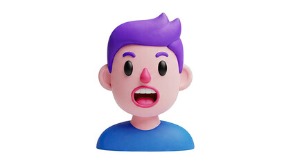3D Cartoon Character with Purple Hair and Open Mouth