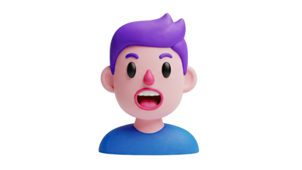 3D Cartoon Character with Purple Hair and Open Mouth