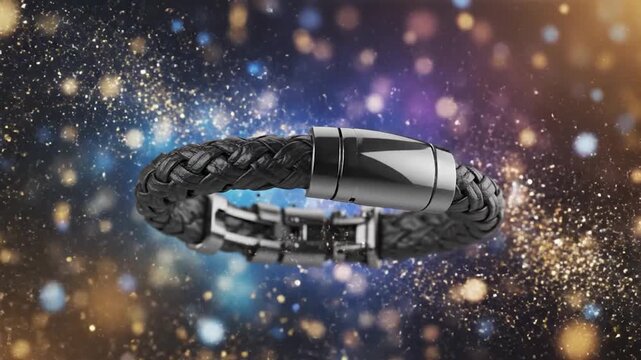 Stylish Black Leather Bracelet with Silver Clasp on a Dazzling Bokeh Background.