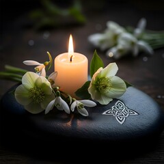 Saint Brigid's Day A serene composition of a burning candle, fresh flowers, and an engraved stone, invoking peace and tranquility