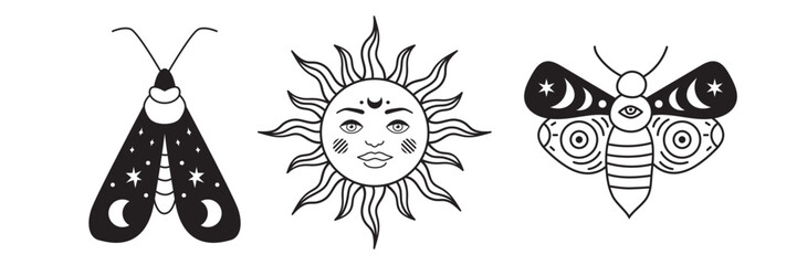 Celestial sun face and mystic moth illustration set. Vintage vector graphic featuring boho line art, magical symbols, and witchy astrology elements.