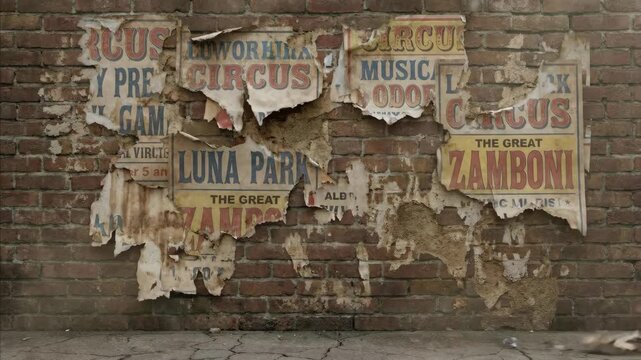 Peeling circus posters on weathered brick wall. Faded advertisements for luna park and music shows deteriorate over time. Vintage urban signage decay sequence.