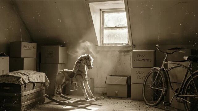 Vintage rocking horse in dusty attic with stacked boxes and old bicycle. Retro 80s VHS aesthetic nostalgic childhood toy scene.