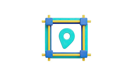3D Blue and Yellow Pinned Location Icon with Frame