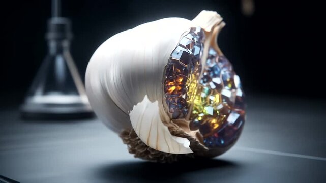 Artistic representation of a garlic bulb with colorful gemstones, illuminated from within, showcasing creativity