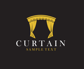 golden icon of theatrical scene with curtains isolated on black background
