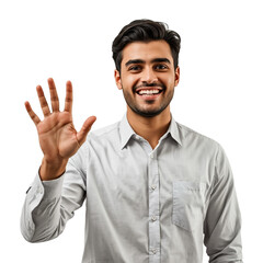 Fototapeta premium A smiling man waving his hand on transparent background