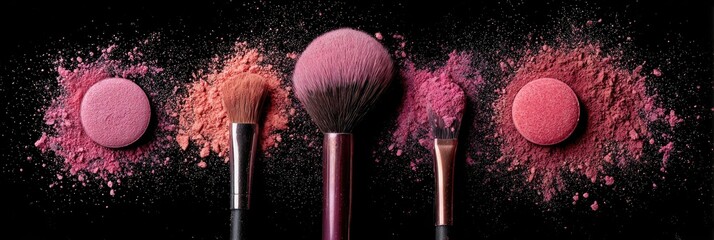 Blush compacts and makeup brushes with scattered powder on black background
