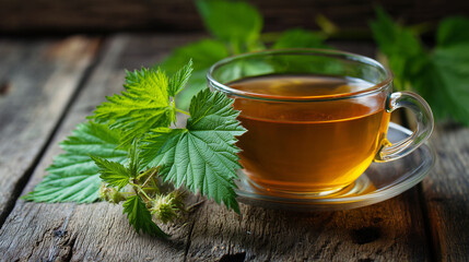 Herbal Tea in Glass Cup on Rustic Wood Table with Fresh Raspberry Leaves