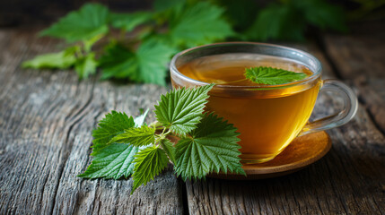Cup of Tea With Fresh Raspberry Leaves On Rustic Wooden Table