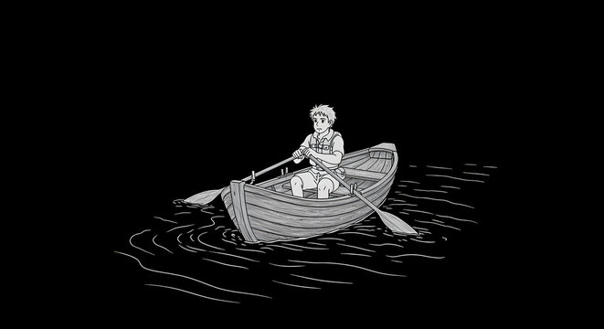 Solitary voyager rowing on calm dark waters, a journey of quiet reflection