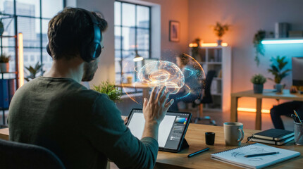 Artificial intelligence concept in business environment with digital hologram.