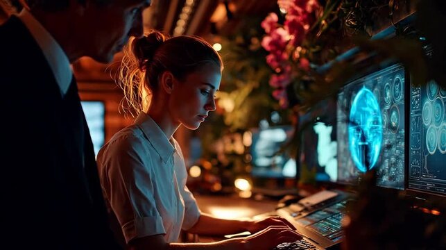 Woman working on computer in control room