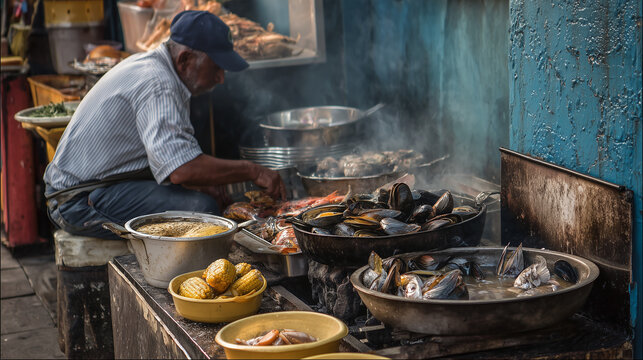 Street Vendor Grilling Seafood On Open Fire With Mussels And Corn On The Cob