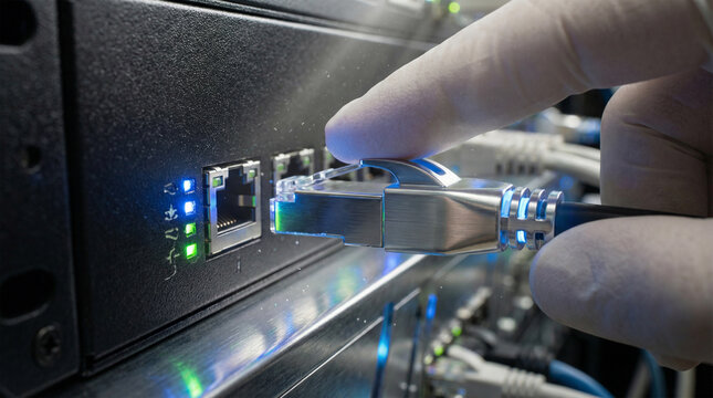 High speed internet connection concept with network hardware and server port. - Powered by Adobe