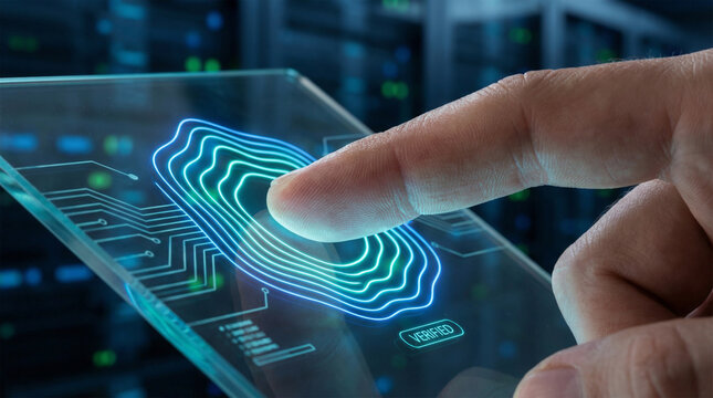 Biometric access control concept with glowing digital fingerprint interface. - Powered by Adobe