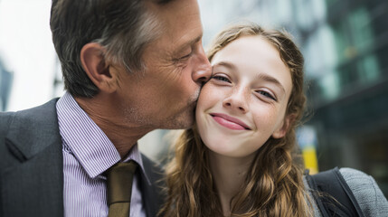 Loving Father Kissing Smiling Teenage Daughter In City Street Moment