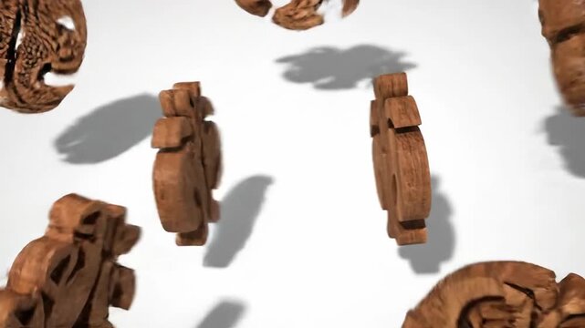 Wooden Carvings Floating and Rotating on White Background with Shadows, Traditional Maori Art.
