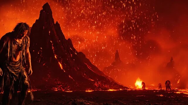 A man walking in a volcanic landscape with fiery mountains and lava, digital art, horror concept video.