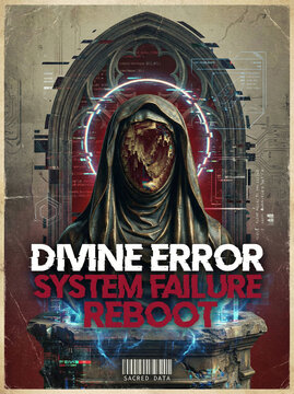 Ilustraci&oacute;n conceptual de error divino con estatua sagrada corrupta por fallos digitales y c&oacute;digo de programaci&oacute;n futurista.