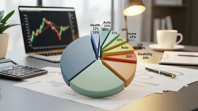 Modern office scene featuring colorful pie chart and financial analysis.