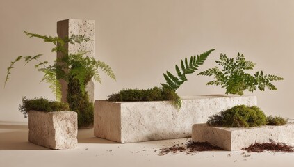Botanical still life fern fronds and moss adorn textured stone blocks, neutral backdrop