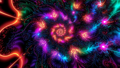 A vibrant and colorful abstract fractal design with swirling patterns and neon lights