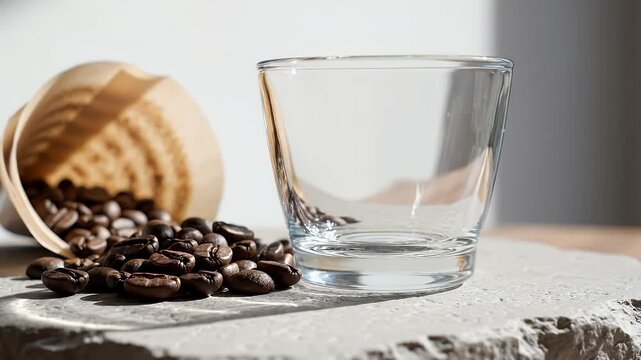 Freshly roasted coffee beans spill from a wooden scoop beside a clear glass of water creating a still life composition evoking morning rituals and mindful moments