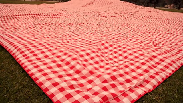 Red and White Gingham Picnic Blanket Spread Out on Green Grass in Park.