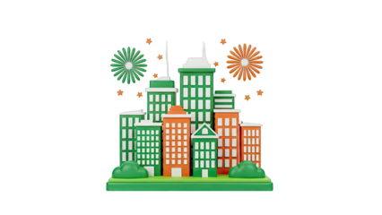 3D Cartoon Cityscape with Fireworks and Stars