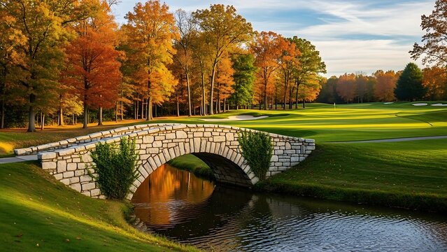 Stone bridge over a small river in a park with autumn foliage and a green lawn under a blue sky.