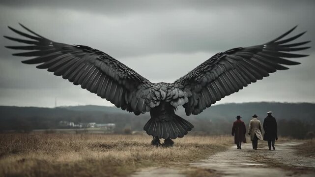Large black raven flying low over rural field. Three people in coats walking on path. Mysterious bird approach in foggy landscape atmospheric scene
