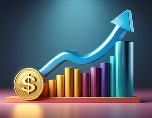 a 3d rendered colorful bar chart graph with a blue upward trend arrow and a large golden dollar coin symbolizing business and financial growth with positive market outlook