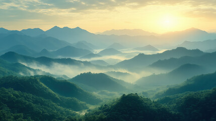 Fototapeta premium Asian mountain landscape at early year sunrise, soft golden morning light, misty valley, winter atmosphere without snow, pastel sky