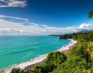 sun drenched costa rican coastline lush green jungle meeting turquoise ocean waves perfect for travel vacation or nature themed projects idyllic tropical paradise scene vacation paradise