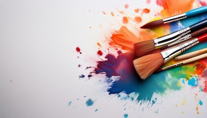 Fototapeta premium beautiful and colorful flat lay featuring brushes and watercolor scattered with random splashes on a white canvas background free space available for your text