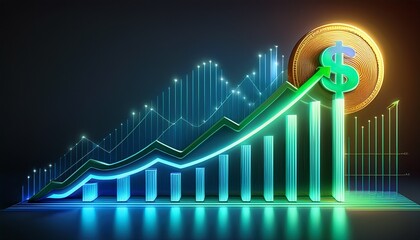a dark background 3d rendered bar chart graph with glowing neon blue outlines a bright green upward arrow and a golden dollar coin symbolizing business finance growth and market success