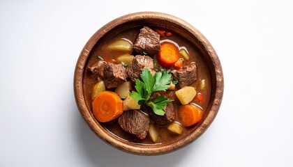 delicious beef stew served in a rustic wooden bowl on a white background