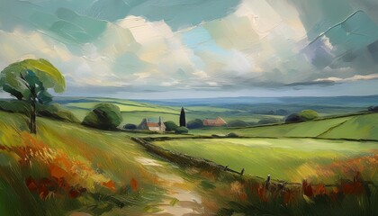 oil painting of an english countryside view with a cloudy sky and muted green colour tone oil color painting generative ai