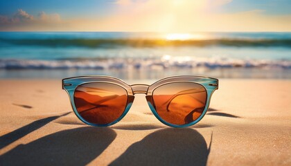 stylish sunglasses resting on a vibrant summer beach scene reflecting sunlight and ocean perfect for travel vacation and summer themes summer cool vacation