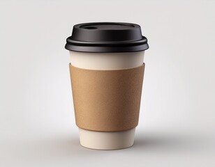 isolated 3d rendered coffee cup with a black lid and a cardboard sleeve white background