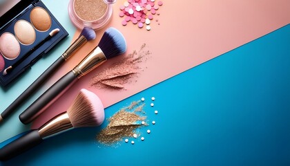 colorful blue and pink paper backdrop featuring professional cosmetics with copy space for text stunning eye shadow foundation brushes and glitter arranged on the table of the makeup artist