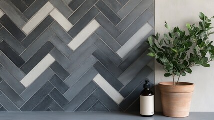Herringbone tiled wall with potted plant and bottle home decor concept