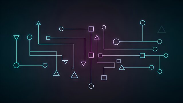 Digital Circuit Diagram with Circuit Lines and Geometric Shapes in Neon Colors - Powered by Adobe