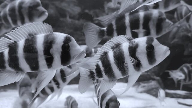 Many zebra fish with black white stripes swimming underwater. Peaceful aquarium scene, exotic tropical fish, marine life and underwater nature harmony.