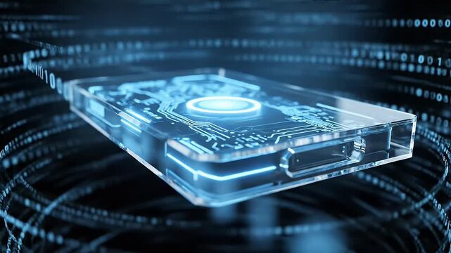 Futuristic Solid State Drive SSD with Glowing Circuitry Floating in a Digital Data Stream - Technology and Innovation Concept