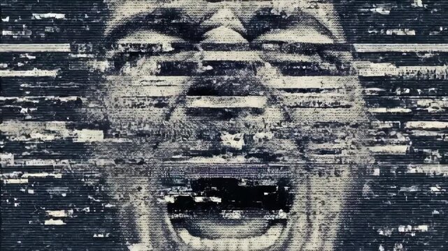 Man screaming in distorted close-up faces across three video frames. Intense emotional outburst in retro VHS glitch style evoking 80s and 90s horror aesthetics.