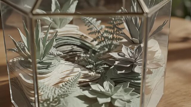 Geometric terrarium showcasing a lush arrangement of agave and fern plants creating a modern minimalist botanical display perfect for interior design and lifestyle content