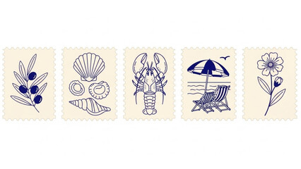 postage stamps with blue line art. Features olive branch, seashells, lobster, beach scene, and a flower. Great for summer, nature, and travel themes