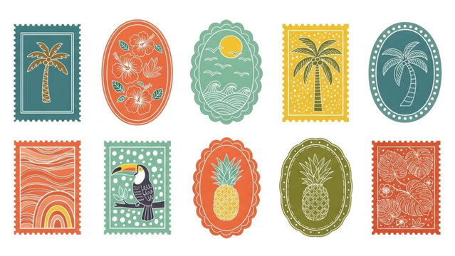 vintage-style postage stamps, each embodying a tropical travel concept with detailed nature illustrations, ideal for summer vacation and creative projects